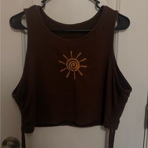 Brown Sleeveless Top with Sun Embroidery